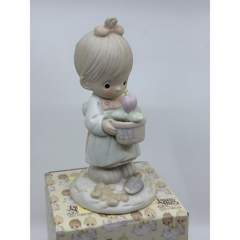 Precious Moments girl May Flowers in pot 110035 vintage